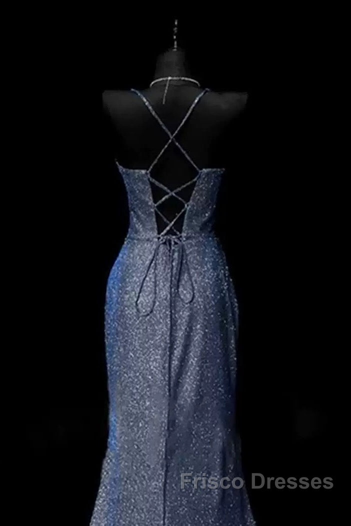 Classy Mermaid Spaghetti Straps Navy Blue Sequin Long Evening Gowns Formal Prom Dress