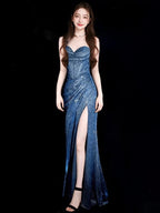 Classy Mermaid Spaghetti Straps Navy Blue Sequin Long Evening Gowns Prom Dress