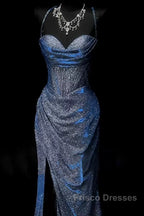 Classy Mermaid Spaghetti Straps Navy Blue Sequin Long Evening Gowns Formal Prom Dress