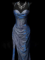 Classy Mermaid Spaghetti Straps Navy Blue Sequin Long Evening Gowns Prom Dress