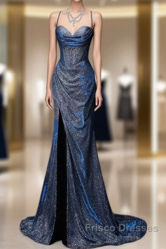 Classy Mermaid Spaghetti Straps Navy Blue Sequin Long Evening Gowns Formal Prom Dress Main image