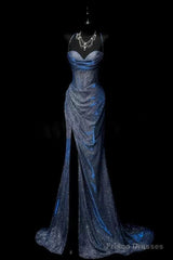 Classy Mermaid Spaghetti Straps Navy Blue Sequin Long Evening Gowns Prom Dress