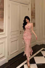 Classy Mermaid Spaghetti Straps Pink Prom Dresses Birthday Outfits Evening Gown