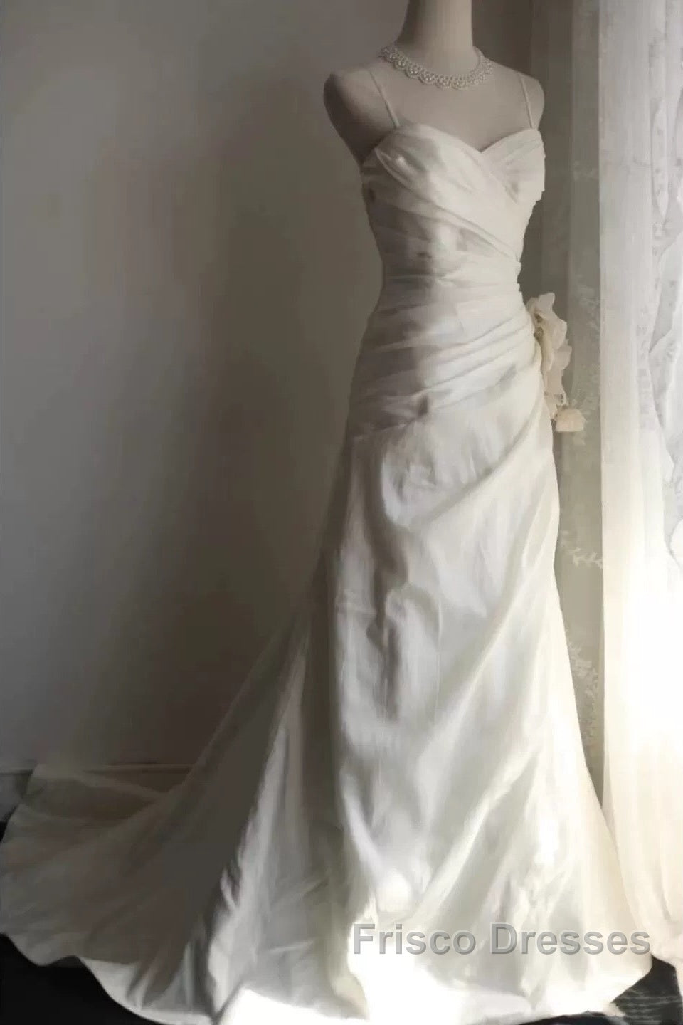 Classy Mermaid Spaghetti Straps White Satin Long Wedding Dress Bridal Dress