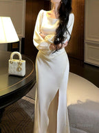 Classy Mermaid Square Neckline Long Sleeves Slit Prom Dresses Evening Gowns