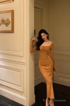 Classy Mermaid Square Neckline Orange Prom Dresses Birthday Outfits Evening Gown