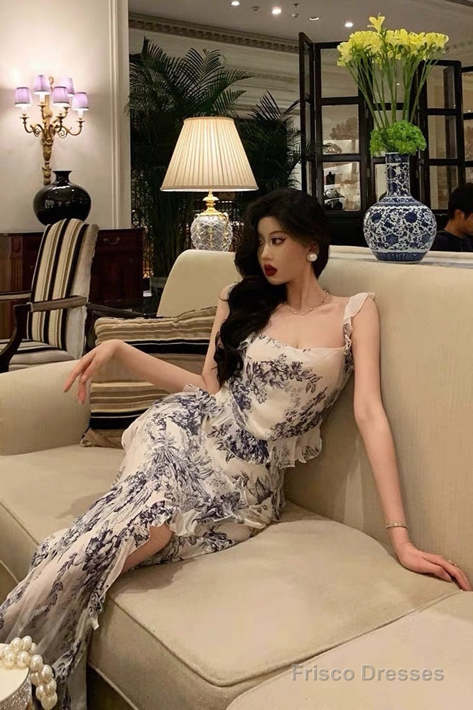 Classy Mermaid Square Neckline Ruffles Long Chiffon Slit Prom Dresses Birthday Outfits Evening Gown