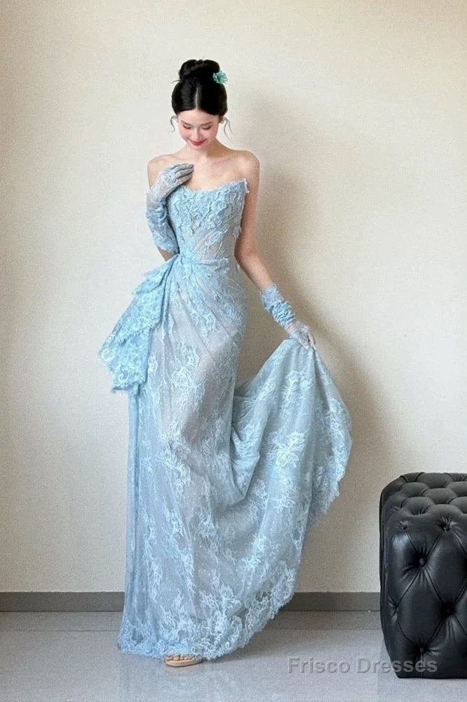 Classy Mermaid Strapless Lace Blue Long Evening Gowns Split Prom Dress