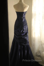 Classy Mermaid Strapless Navy Blue Organza Long Evening Gowns Formal Prom Dress