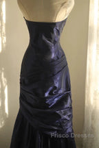 Classy Mermaid Strapless Navy Blue Organza Long Evening Gowns Formal Prom Dress