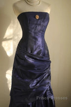 Classy Mermaid Strapless Navy Blue Organza Long Evening Gowns Formal Prom Dress