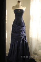 Classy Mermaid Strapless Navy Blue Organza Long Evening Gowns Formal Prom Dress
