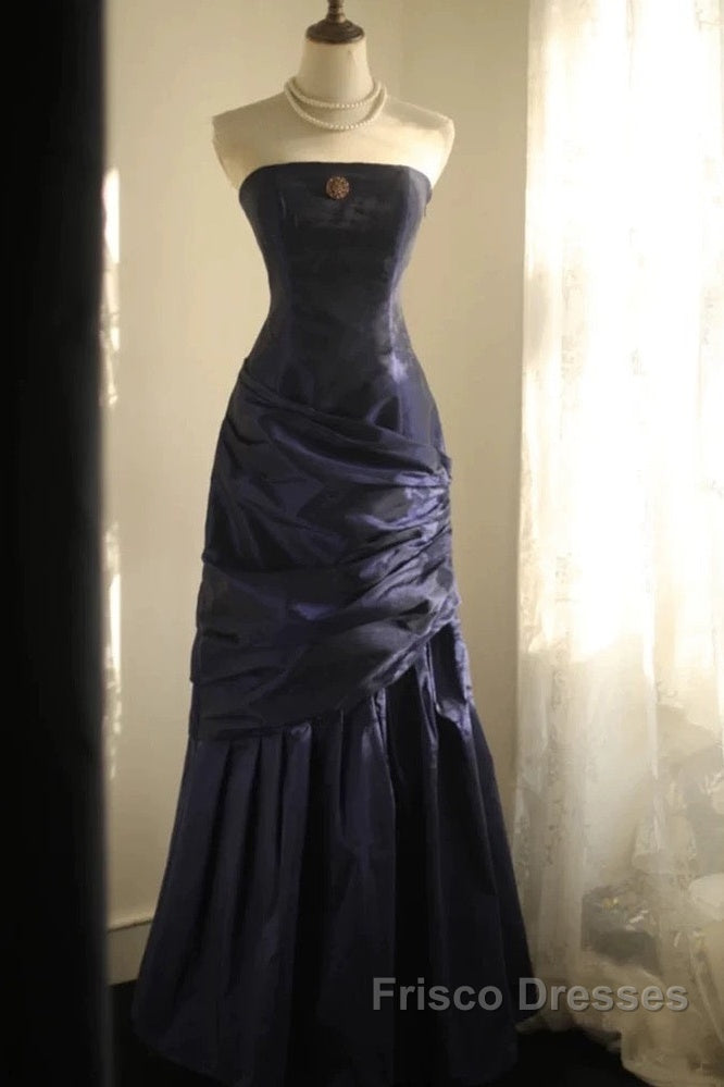 Classy Mermaid Strapless Navy Blue Organza Long Evening Gowns Formal Prom Dress