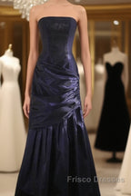 Classy Mermaid Strapless Navy Blue Organza Long Evening Gowns Formal Prom Dress