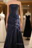 Classy Mermaid Strapless Navy Blue Organza Long Evening Gowns Formal Prom Dress