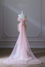 Classy Mermaid Strapless Pink Sequin Long Evening Dress Formal Prom Dress