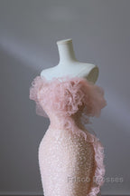 Classy Mermaid Strapless Pink Sequin Long Evening Dress Formal Prom Dress