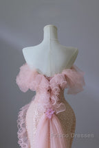 Classy Mermaid Strapless Pink Sequin Long Evening Dress Formal Prom Dress
