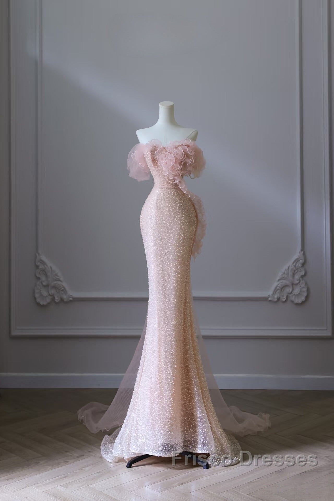 Classy Mermaid Strapless Pink Sequin Long Evening Dress Formal Prom Dress