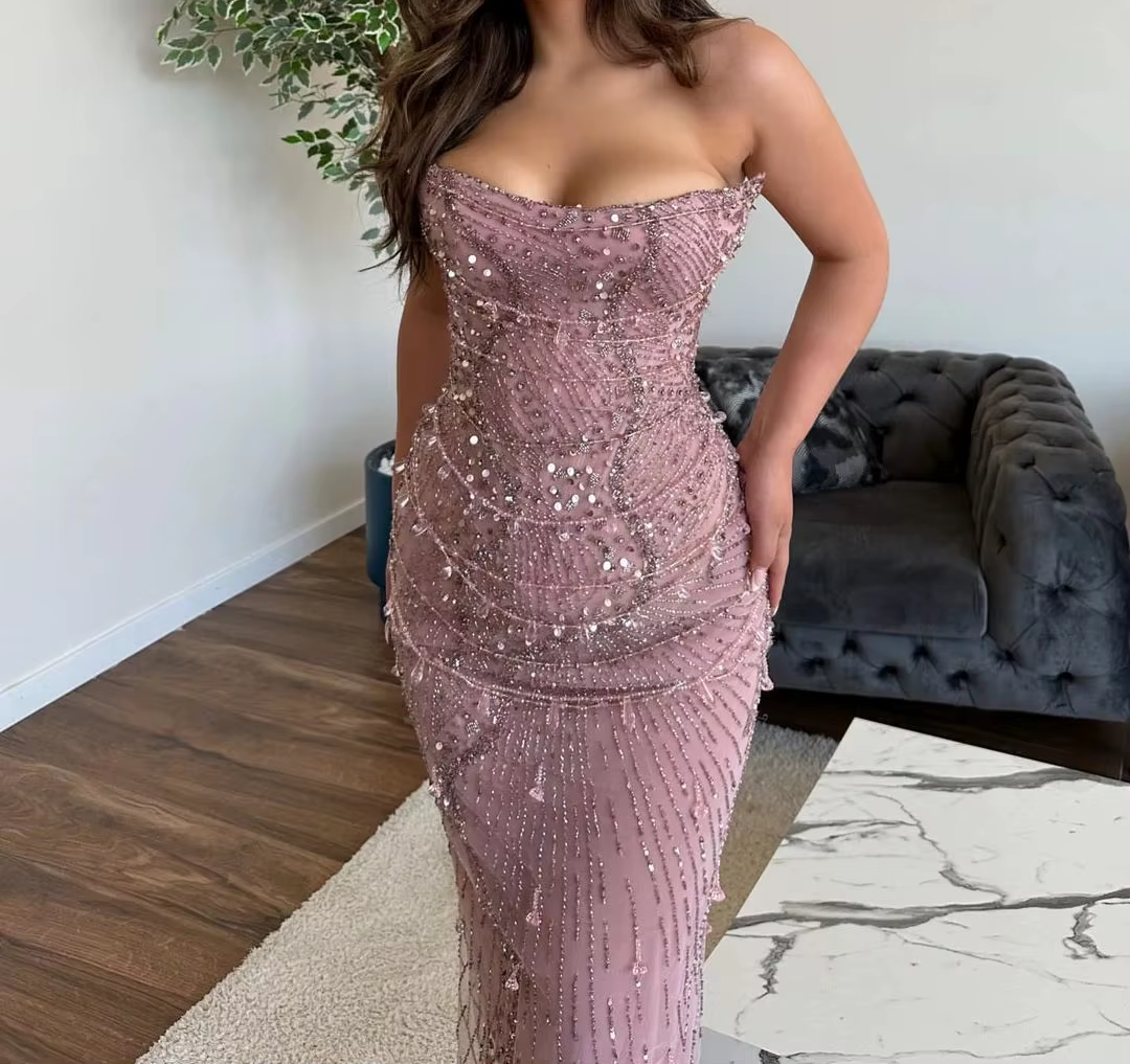 Classy Mermaid Strapless Tulle Pink Long Evening Dress Prom Dresses With Beads Secondary image