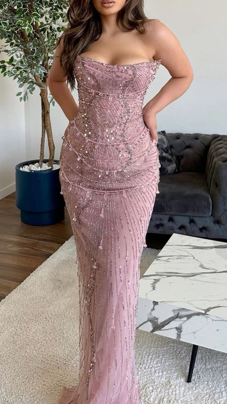 Classy Mermaid Strapless Tulle Pink Long Evening Dress Prom Dresses With Beads Main image