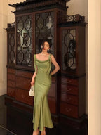 Classy Mermaid Straps Green Satin Prom Dresses Birthday Outfits