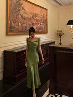 Classy Mermaid Straps Green Satin Prom Dresses Birthday Outfits
