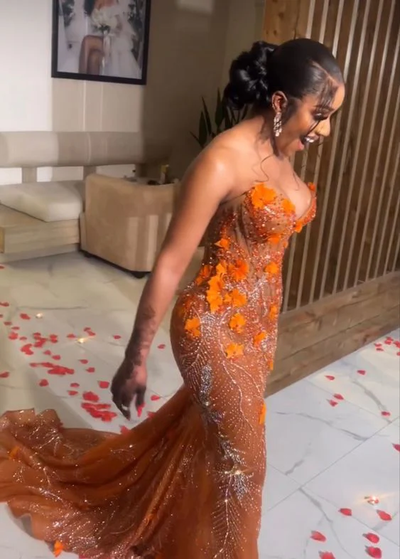 Classy Mermaid Sweetheart Orange Tulle Sequin Evening Gowns Long Prom Dress Secondary image