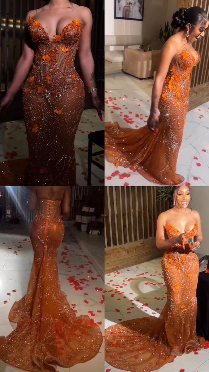Classy Mermaid Sweetheart Orange Tulle Sequin Evening Gowns Long Prom Dress Main image