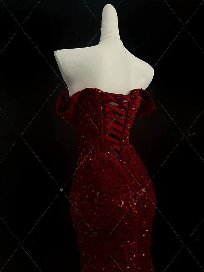 Classy Mermaid Sweetheart Red Slit Sequin Long Evening Gowns Prom Dress
