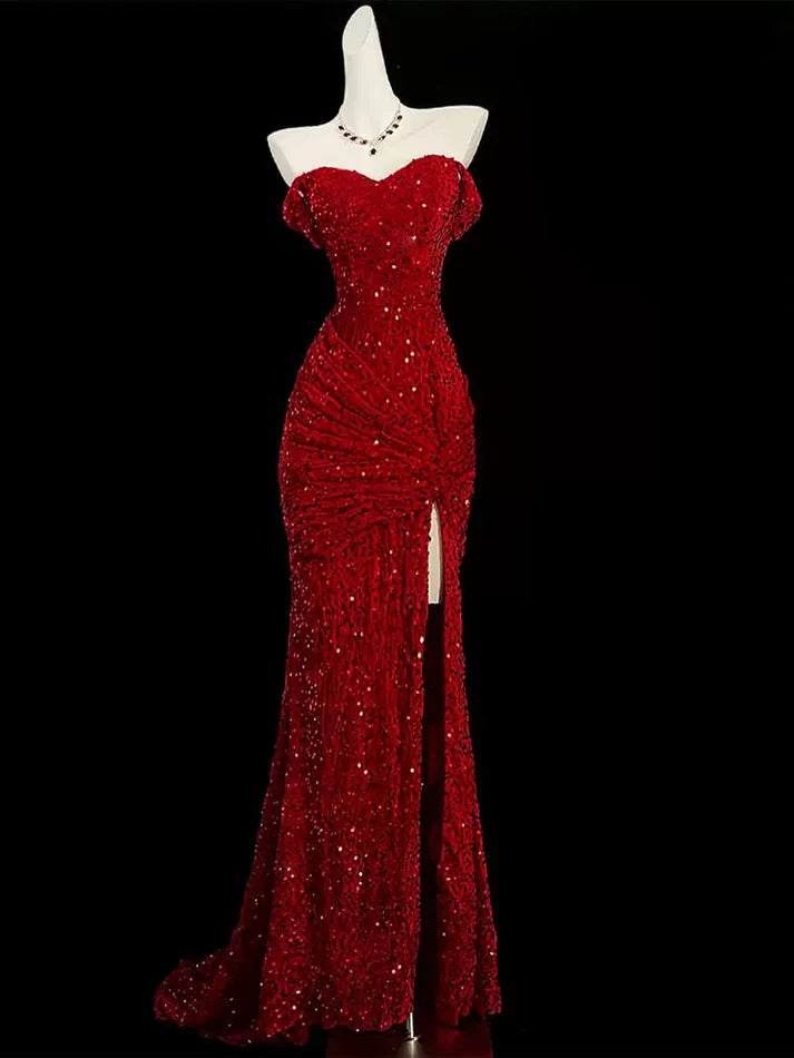 Classy Mermaid Sweetheart Red Slit Sequin Long Evening Gowns Prom Dress Main image