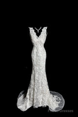 Classy Mermaid V Neckline Lace Ivory Long Wedding Dress Bridal Dresses