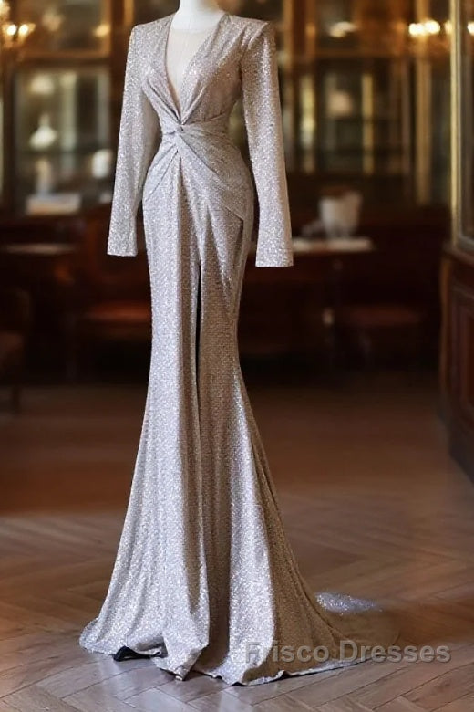 Classy Mermaid V Neckline Long Sleeves Sequin Ruffles Long Evening Dress Formal Prom Dress Main image