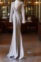Classy Mermaid V Neckline Long Sleeves Sequin Ruffles Long Evening Dress Formal Prom Dress