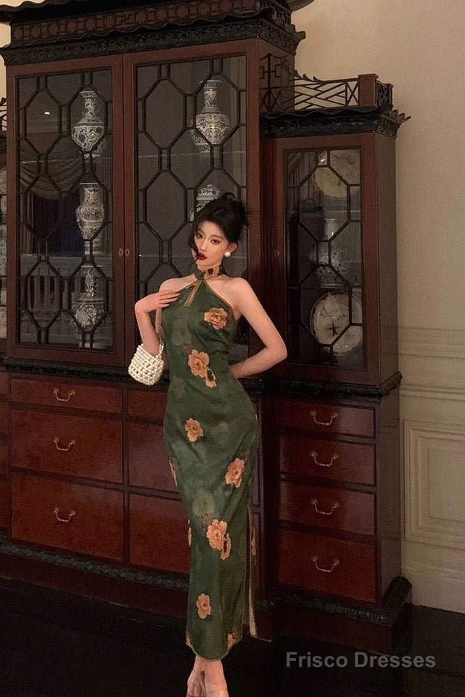 Classy Sheath Halter Green Slit Prom Dresses Birthday Outfits Evening Gown Main image
