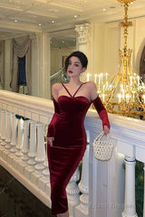Classy Sheath Halter Neckline Burgundy Velvet Prom Dresses Birthday Outfits Evening Gown