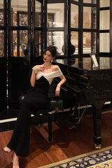 Classy Sheath Off The Shoulder Black Prom Dresses Birthday Outfits Evening Gown