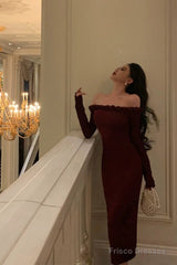 Classy Sheath Off The Shoulder Burgundy Long Sleeves Prom Dresses Birthday Outfits Evening Gown