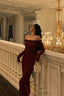 Classy Sheath Off The Shoulder Burgundy Long Sleeves Prom Dresses Birthday Outfits Evening Gown