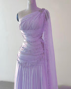 Classy Sheath One Shoulder Pink Long Chiffon Evening Gown Prom Dresses