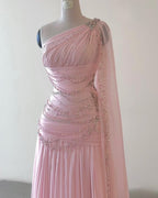Classy Sheath One Shoulder Pink Long Chiffon Evening Gown Prom Dresses