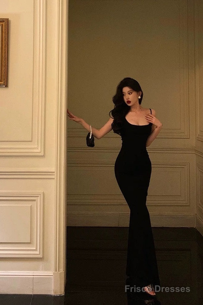 Classy Sheath Spaghetti Straps Black Long Prom Dresses Birthday Outfits