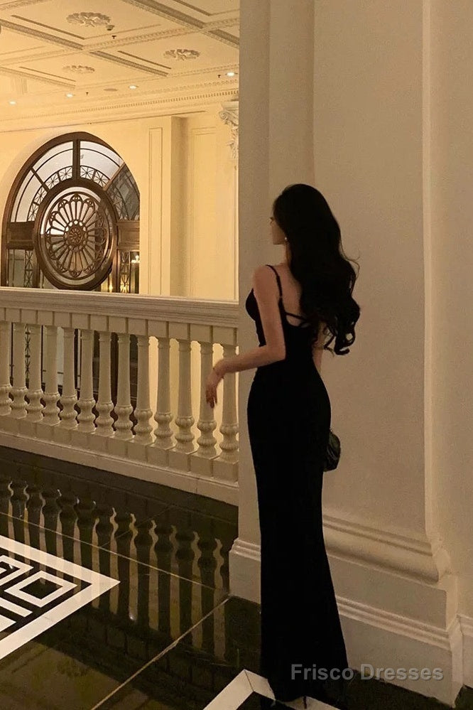 Classy Sheath Spaghetti Straps Black Long Prom Dresses Birthday Outfits Main image