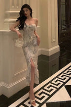 Classy Sheath Spaghetti Straps Chiffon Floral Prom Dresses Birthday Outfits Evening Gown