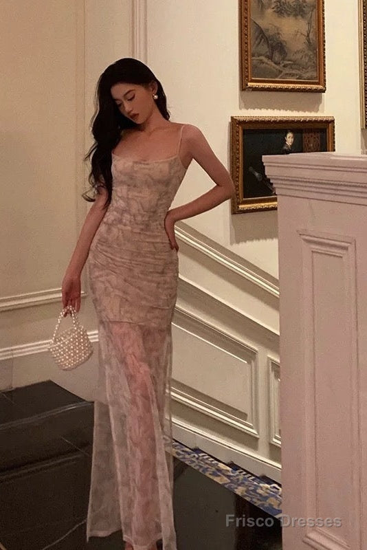 Classy Sheath Spaghetti Straps Floral Long Prom Dresses Birthday Outfits Evening Gown