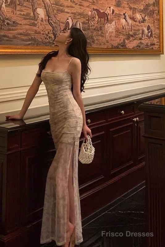 Classy Sheath Spaghetti Straps Floral Long Prom Dresses Birthday Outfits Evening Gown