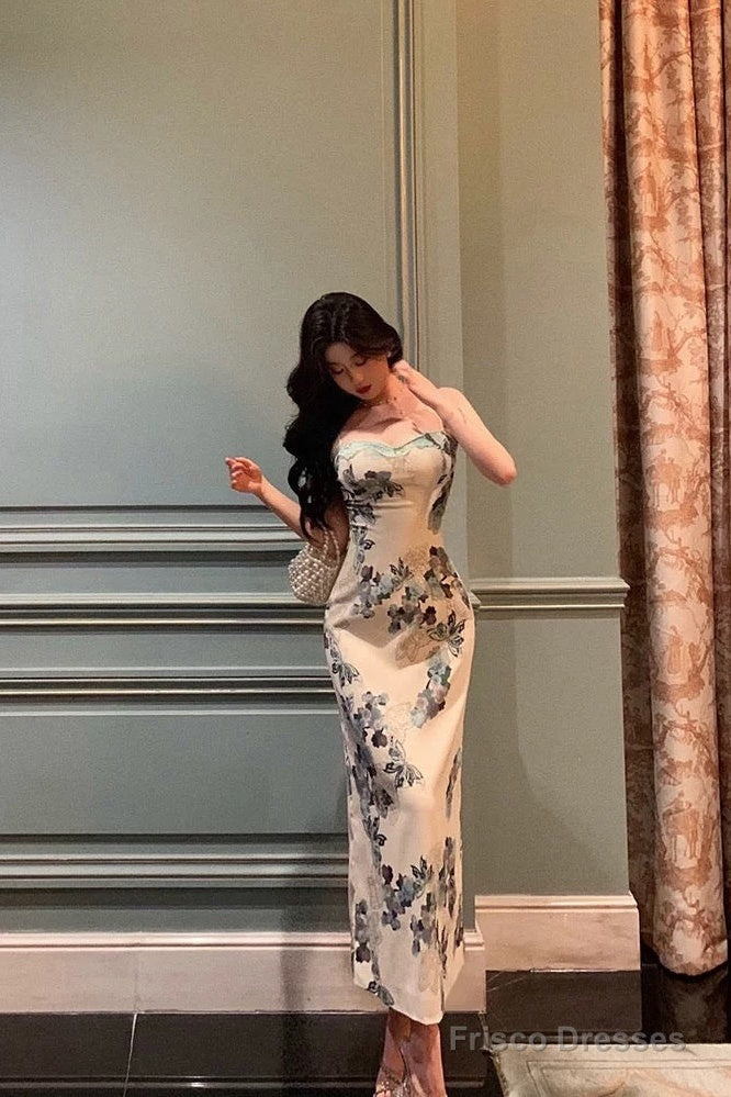 Classy Sheath Spaghetti Straps Floral Prom Dresses Birthday Outfits Evening Gown