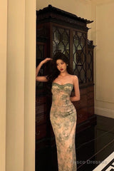 Classy Sheath Spaghetti Straps Green Floral Lace Prom Dresses Birthday Outfits Evening Gown