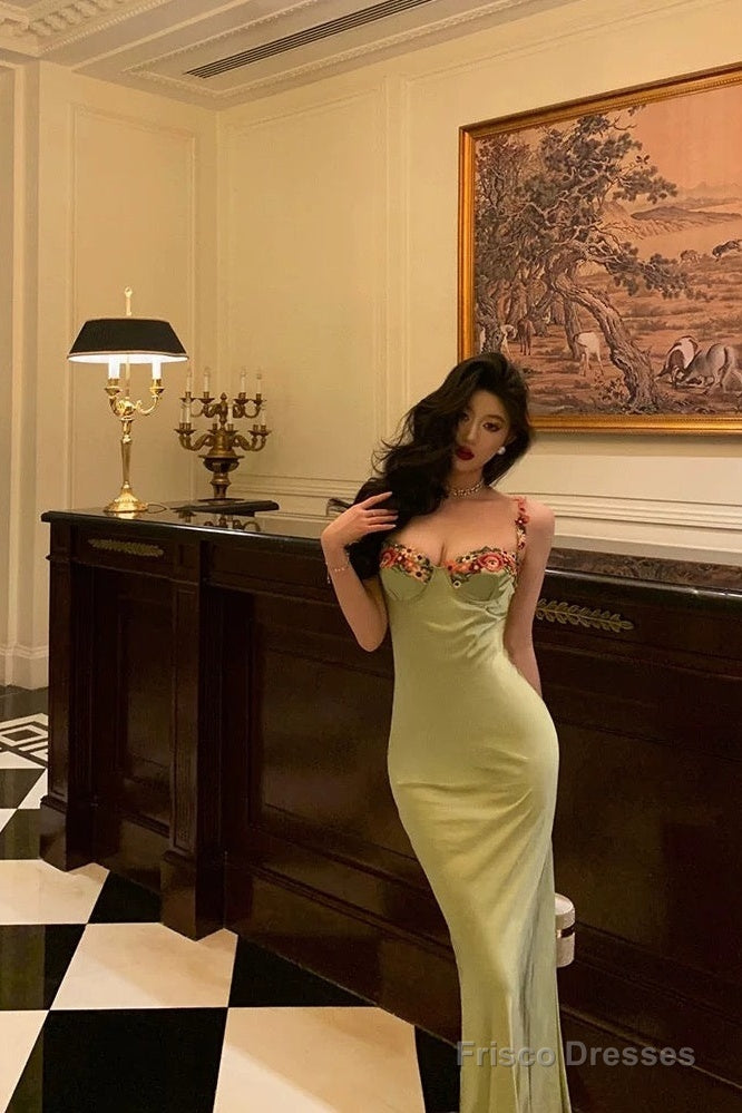Classy Sheath Spaghetti Straps Green Long Prom Dresses Birthday Outfits Evening Gown