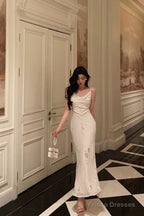 Classy Sheath Spaghetti Straps Ivory Chiffon Prom Dresses Birthday Outfits Evening Gown